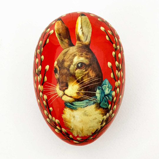 4-1/2" Nostalgic Bunny on Red Papier Mache Easter Egg Container ~ Germany